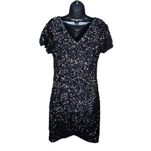 Anna-Kaci Black Sequin V-Neck Cocktail Party Mini Dress Size Large Sparkle